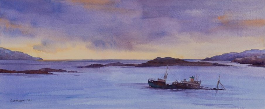 Dan Cianfarini, Wreck in the Beagle Channel, Watercolor, 16 3:4 x 30 1:2 in.