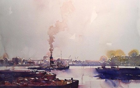 Steven Lush, Barge Docks, Watercolor, 15 x 22 in. 🏆 Bryan Medal For Contemporary Representational or Semi-Realistic Watercolor